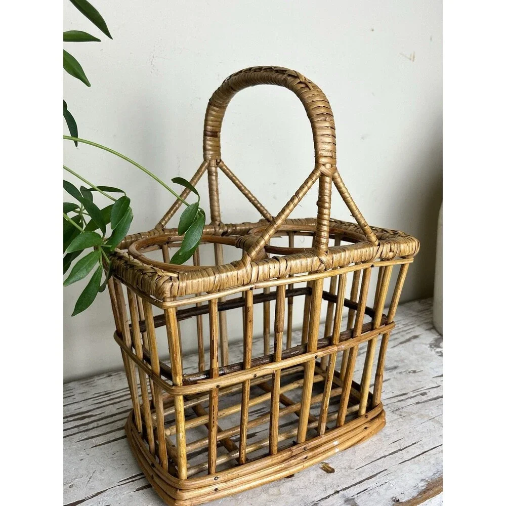 Vintage Bamboo Wicker 2 Bottle Wine Carrier Picnic Caddy Boho Barware Basket